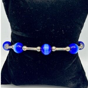 Italian 925 Sterling Silver Blue Cats Eye Glass Bead Bracelet 7.5in Perfect Gift